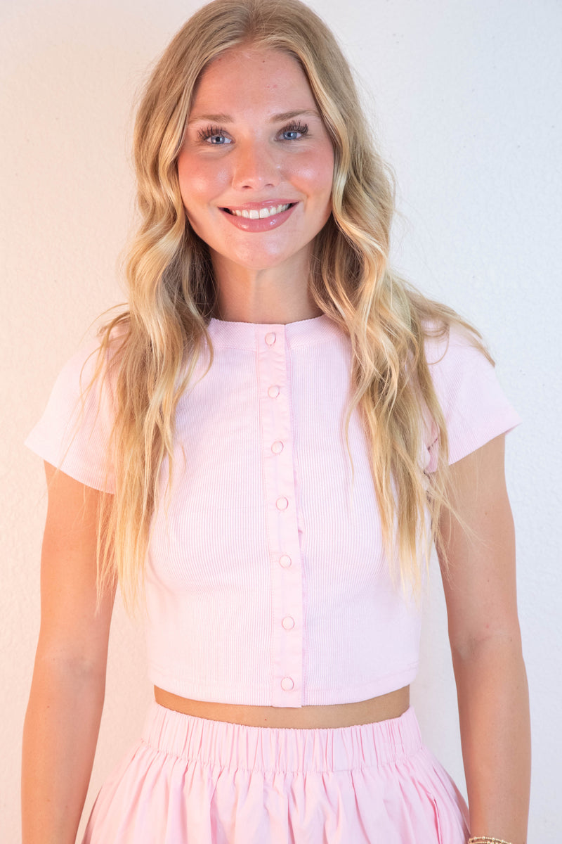 Ari Contrast Button Down Crop Top, Light Pink
