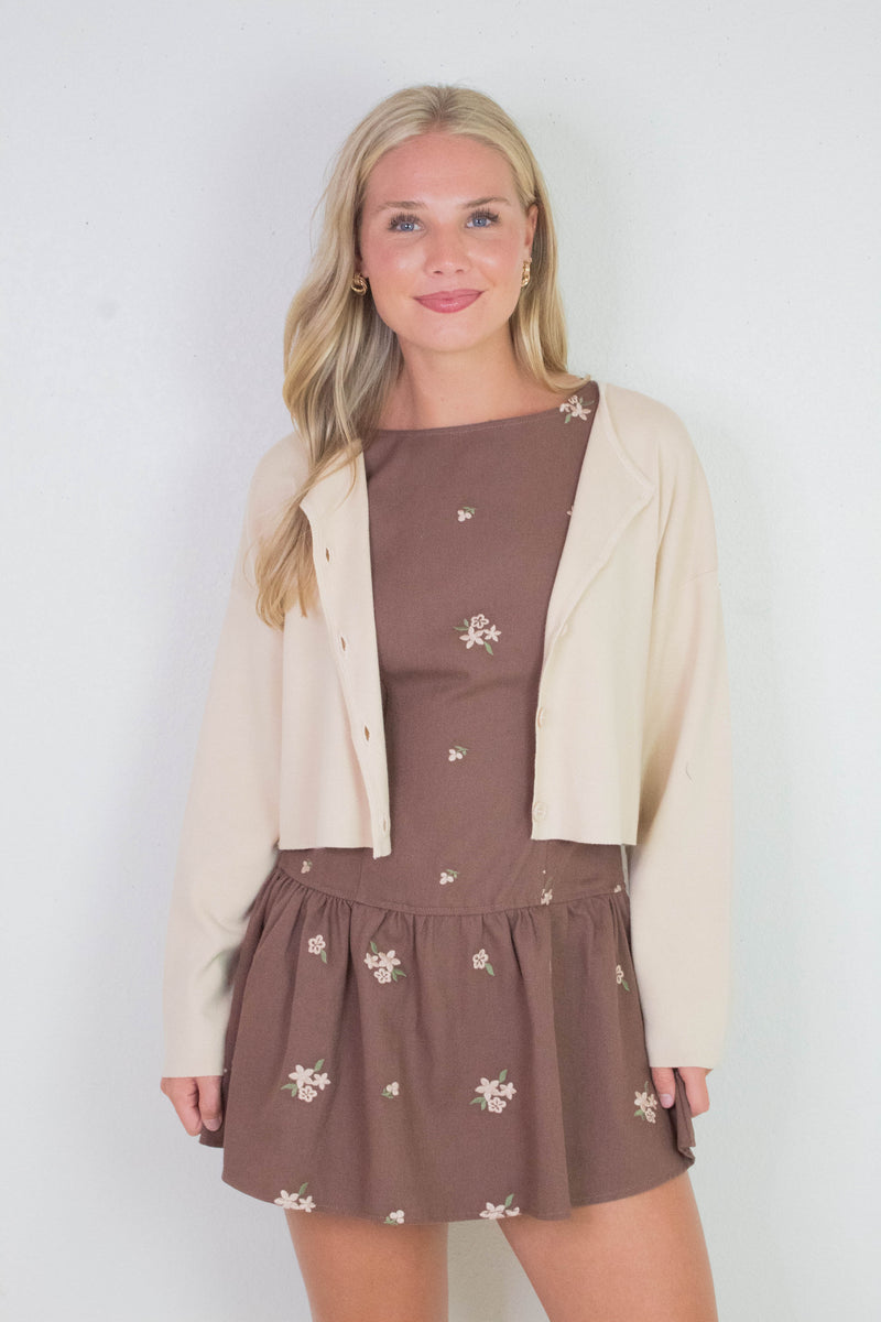 Hadley Floral Embroidered Shift Dress, Brown-Beige Floral