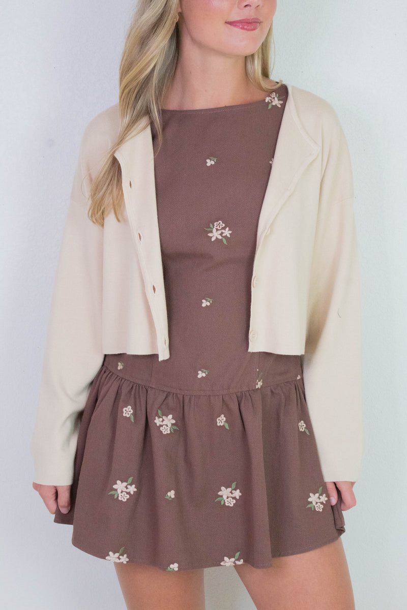Hadley Floral Embroidered Shift Dress, Brown-Beige Floral