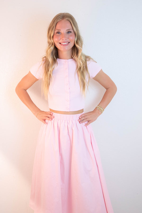 Ari Contrast Button Down Crop Top, Light Pink