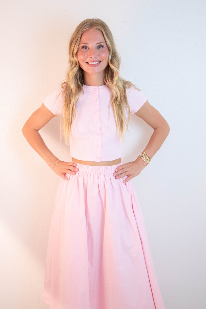 Ari Contrast Button Down Crop Top, Light Pink