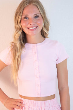 Ari Contrast Button Down Crop Top, Light Pink