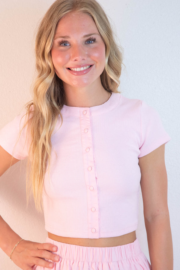 Ari Contrast Button Down Crop Top, Light Pink