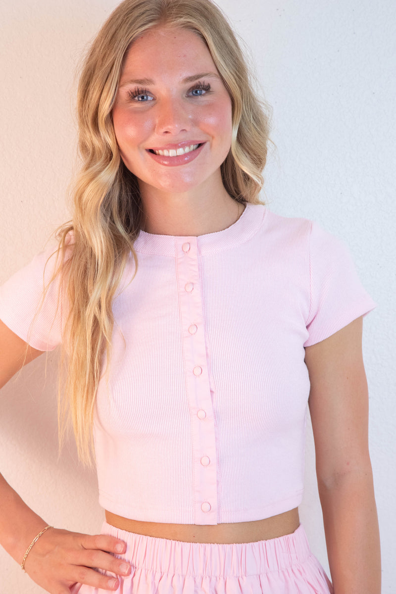 Ari Contrast Button Down Crop Top, Light Pink