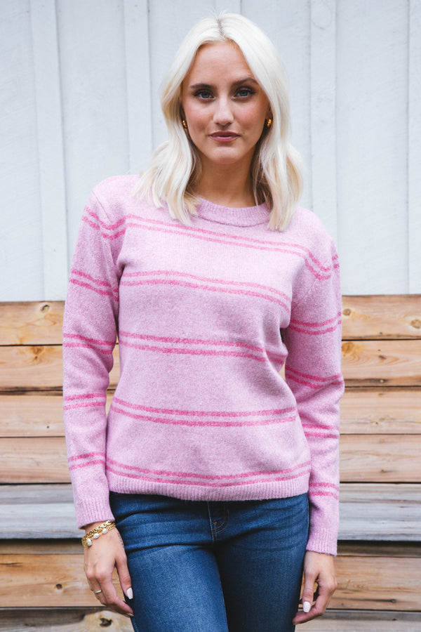 Annalise Stripe Crew Neck Sweater, Pink Combo
