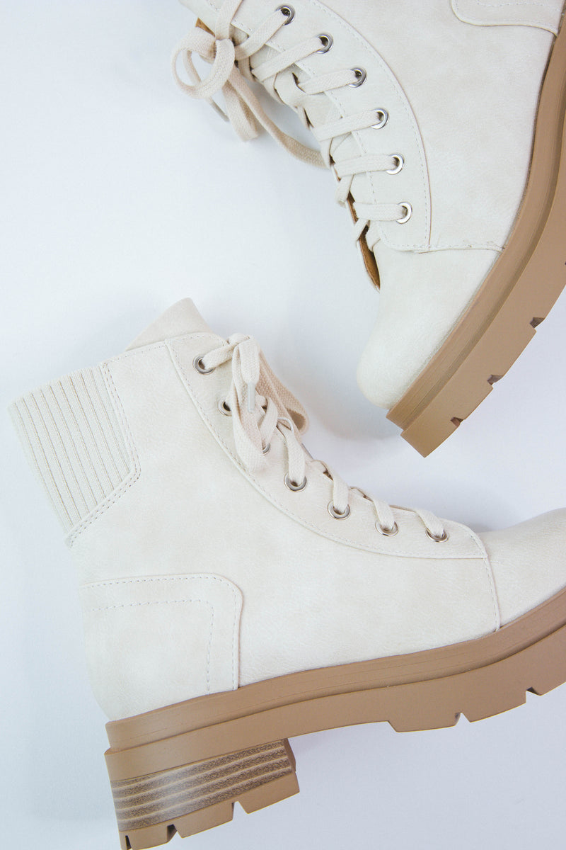 Amina Lace Up Rib Detail Combat Boot, Beige