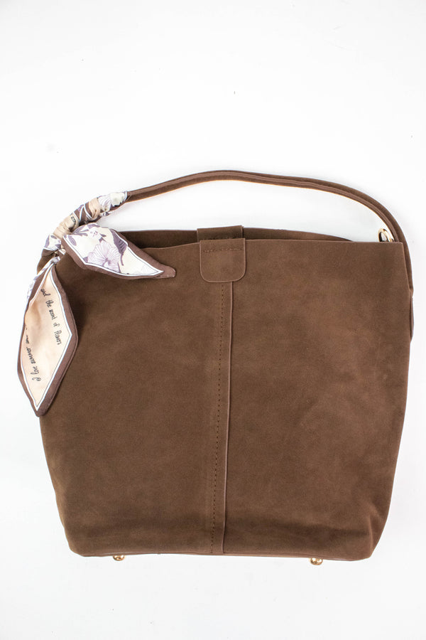 Lillian Suede Bucket Bag, Chocolate