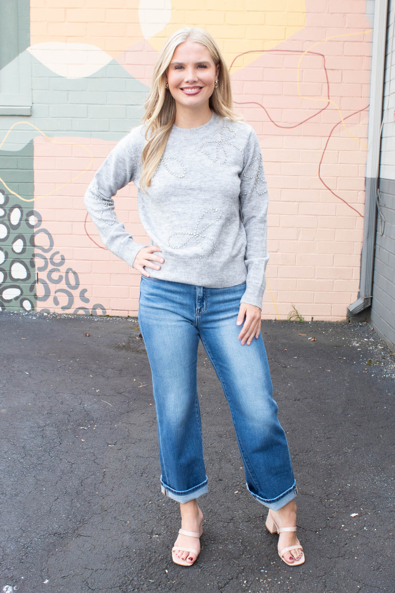 Ginevra Rhinestone Bow Sweater, Light Grey Melange | RD Style