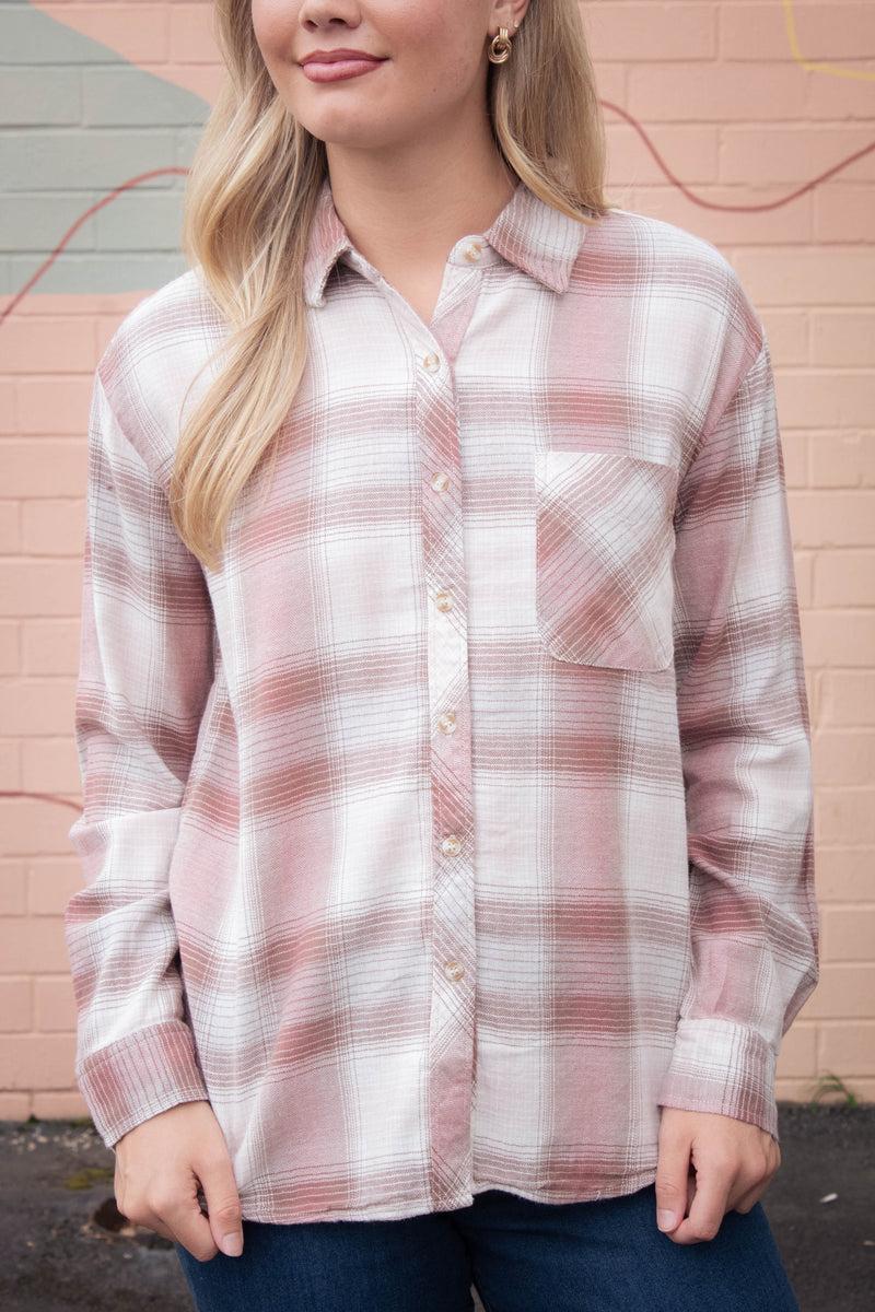 Juliette Plaid Button Up Shirt, Dusty Pink