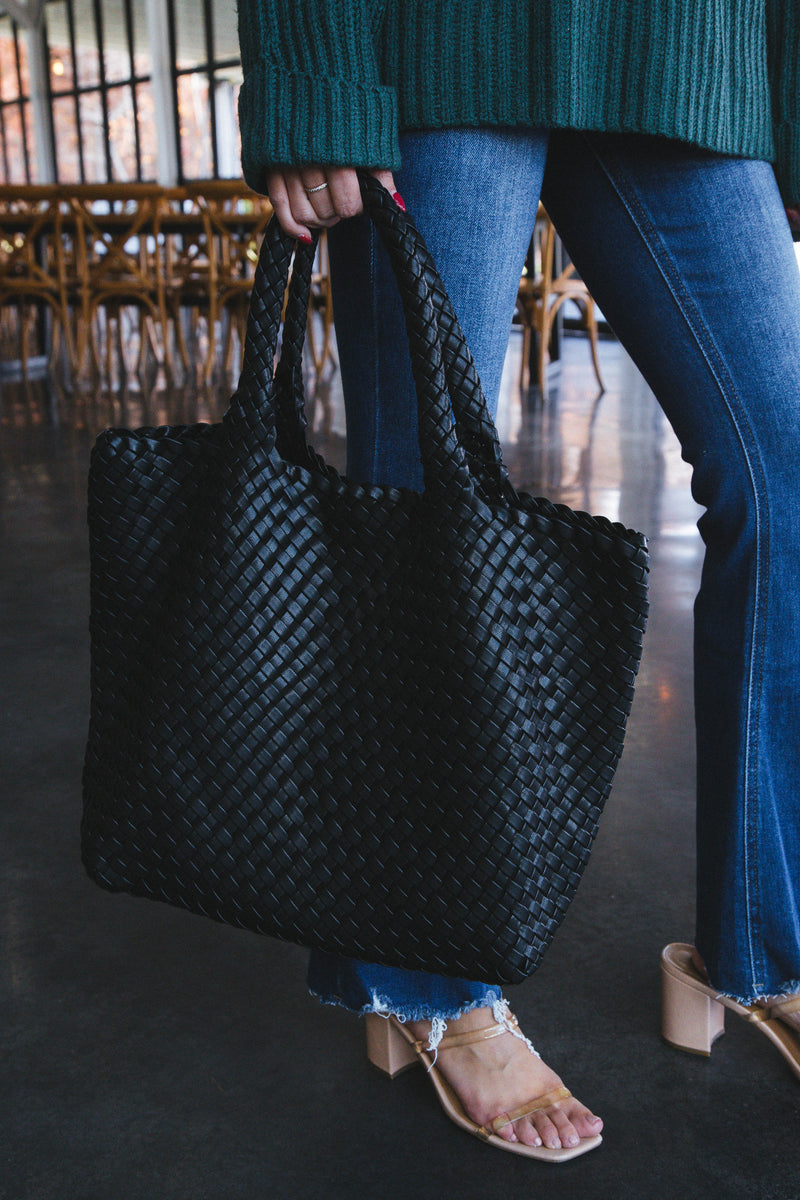 Aubrey Large Woven Tote + Pouch, Black