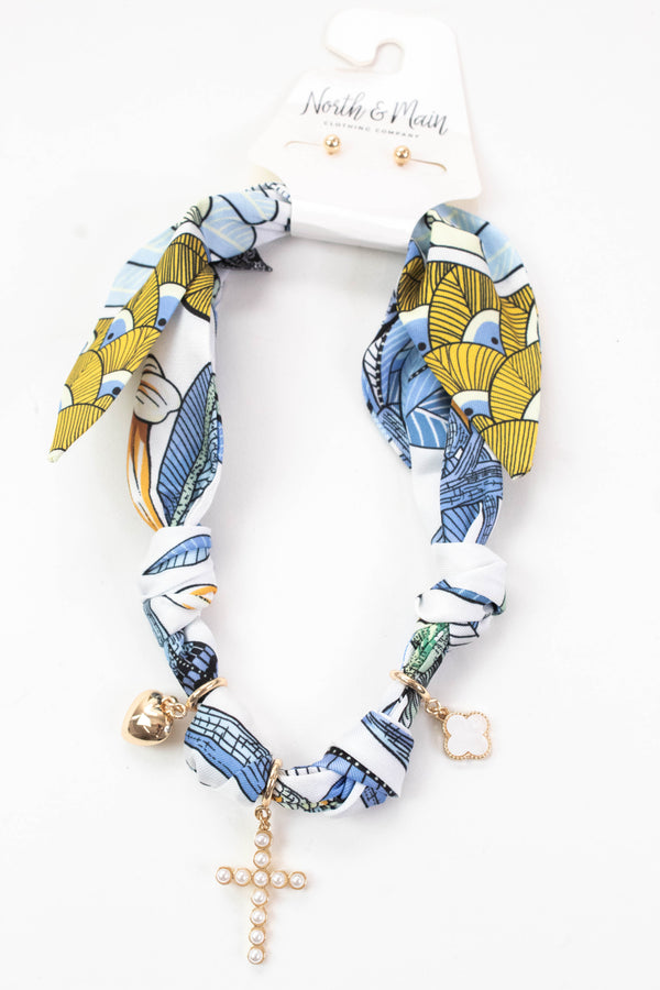 Jazmin Charmed Knotted Scarf Necklace, Blue/Yellow/White
