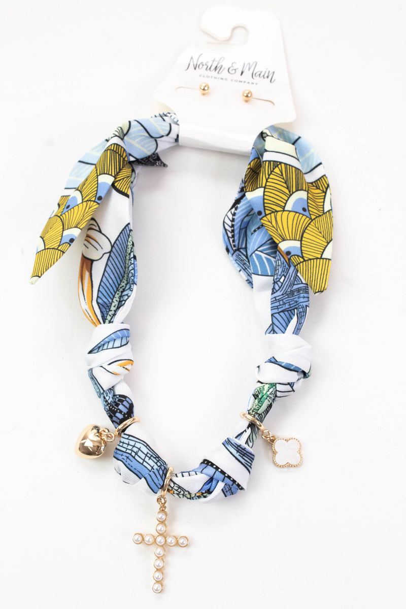 Jazmin Charmed Knotted Scarf Necklace, Blue/Yellow/White