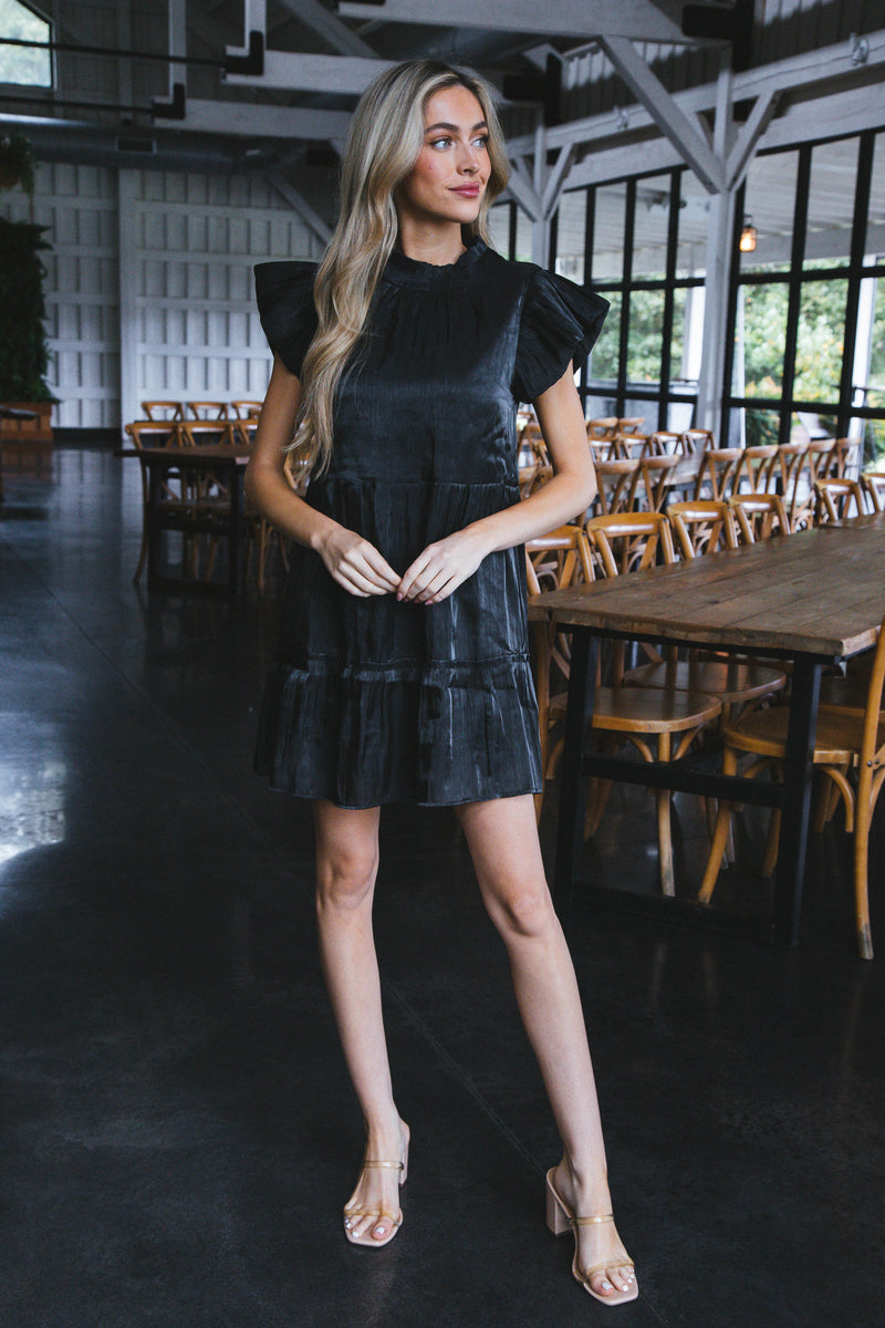 Tiffany Flutter Sleeve Tiered Dress, Black