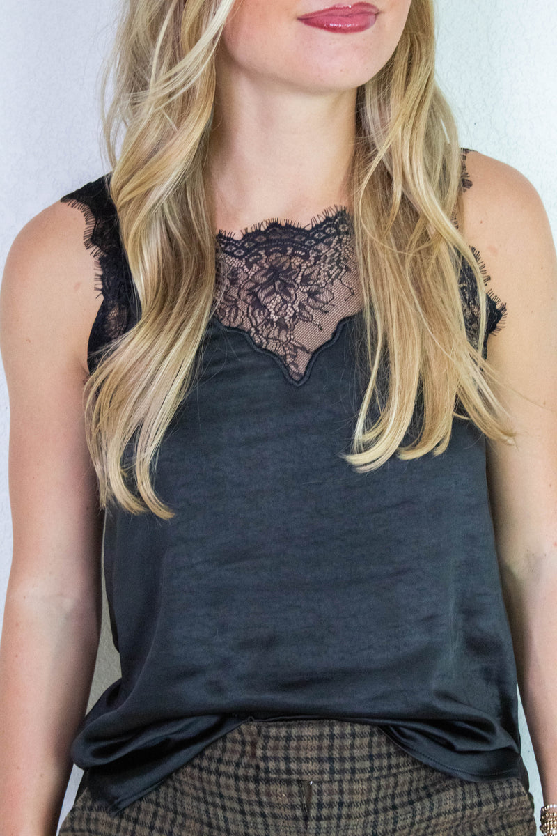 Georgina Lace Trim Satin Cami, Black
