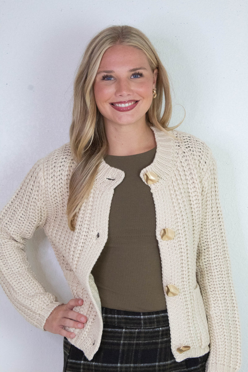 Clara Gold Button Cardigan, Cream