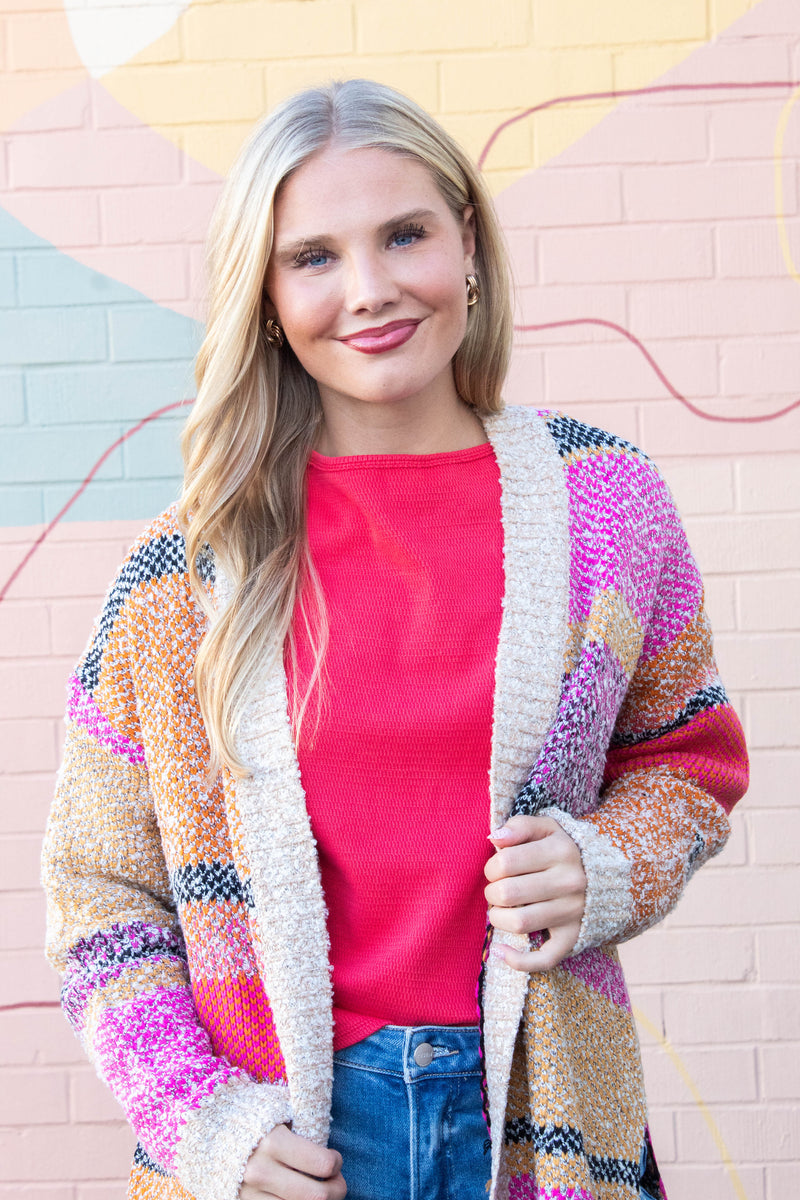 Frankie Oversized Color Block Cardigan, Fuchsia Mustard Multi