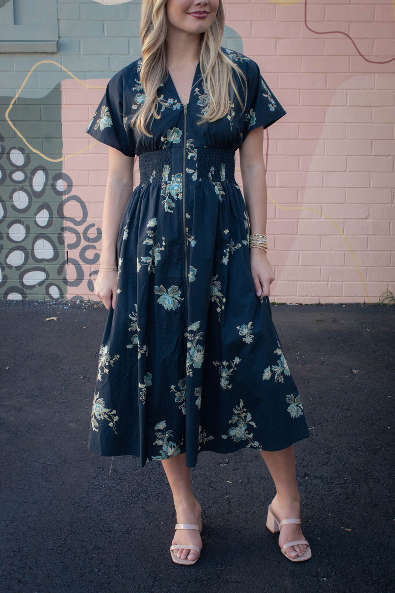 Ella Printed Zip Up Midi Dress, Black