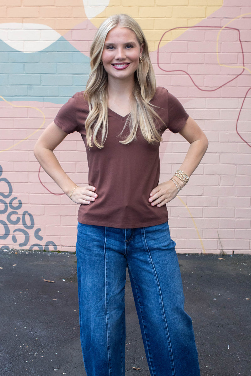 Tatum Cotton Jersey V-Neck Tee, Choco