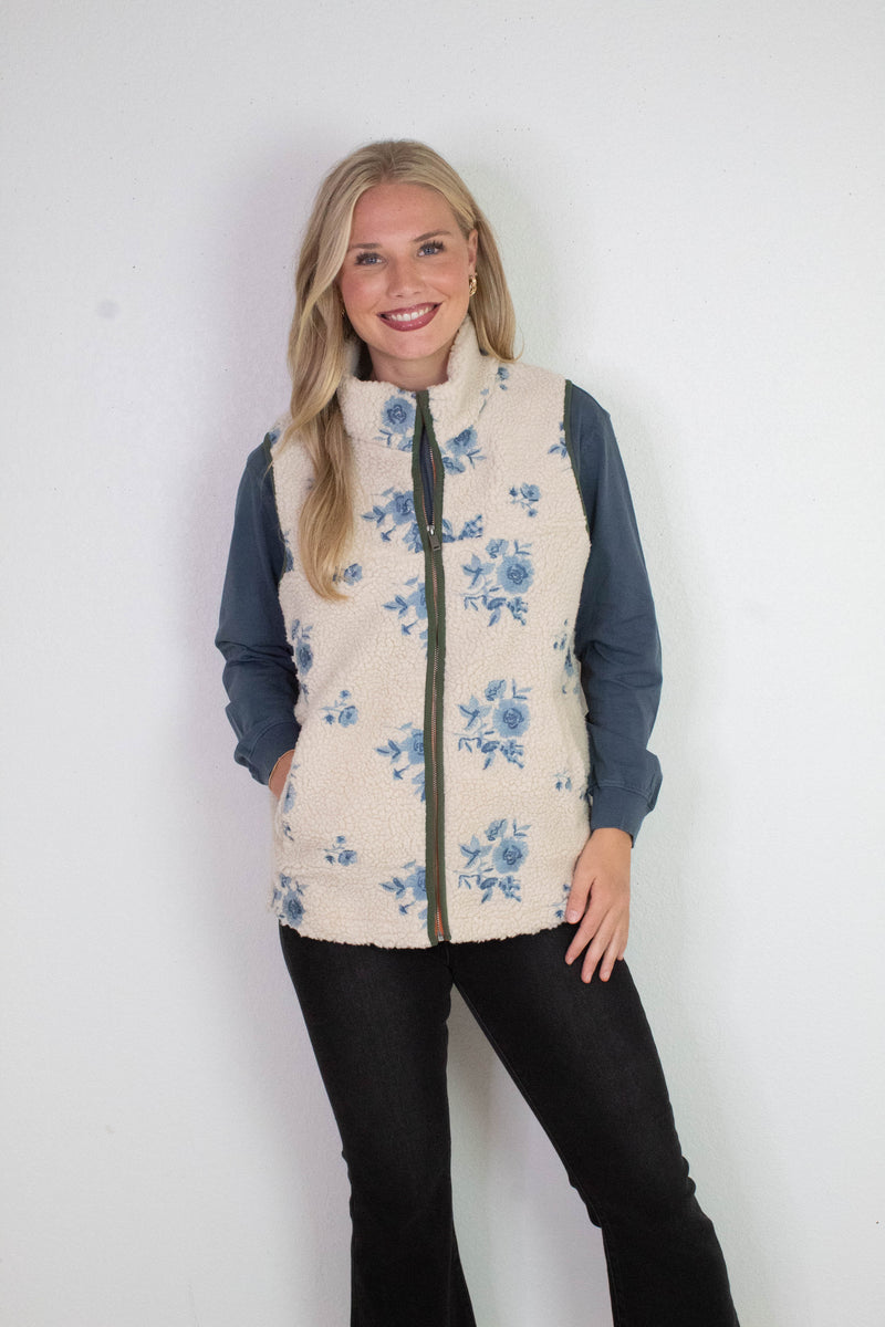 Viola Front Zip Vest, Cream Blue | RD Style