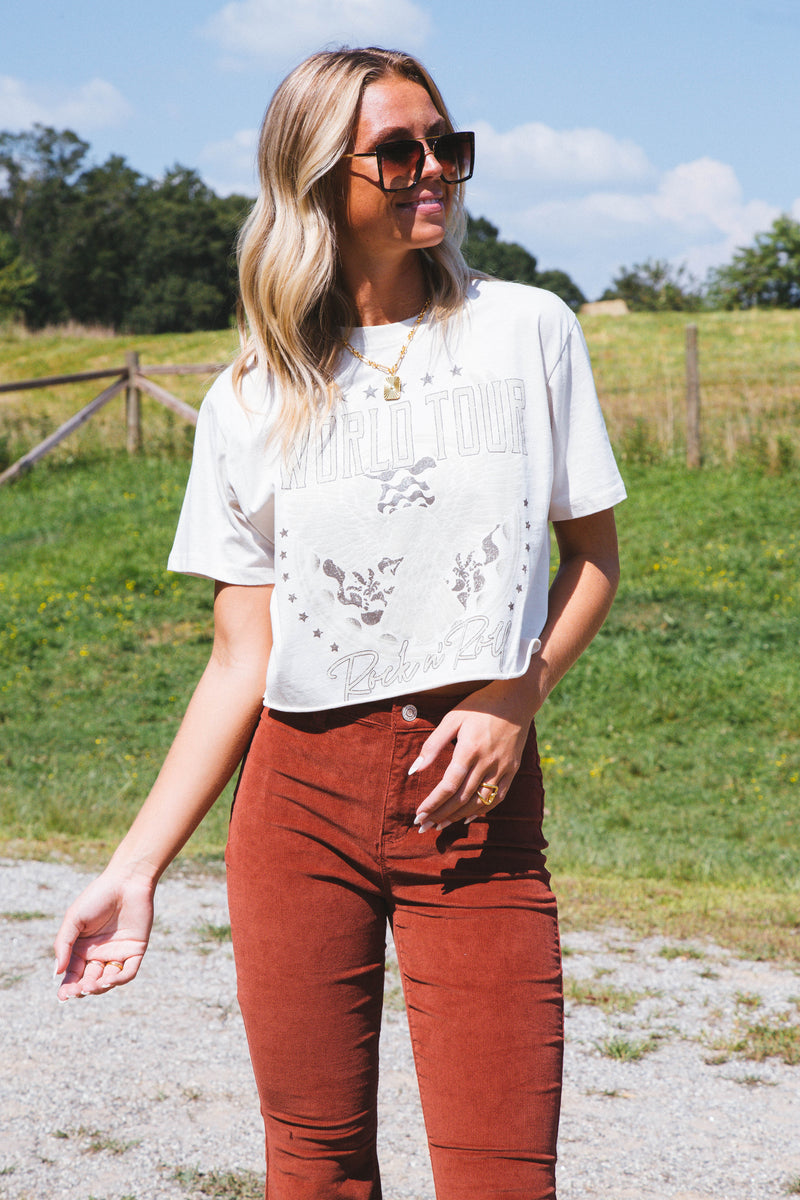 World Tour Cropped Graphic Tee, Antique White