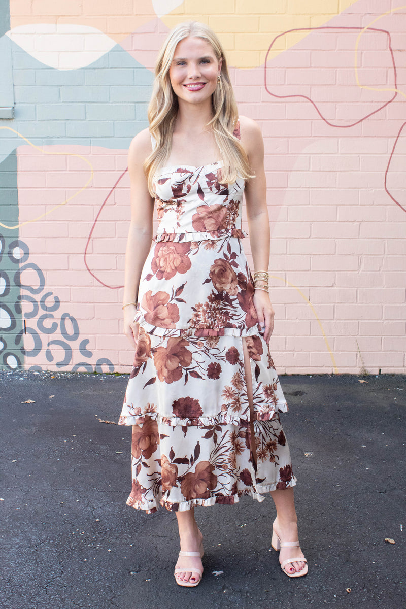 Blair Floral Tiered Satin Dress, Coffee Cream Brown