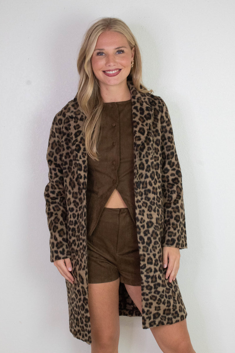 Natalie Leopard Print Long Coat, Brown
