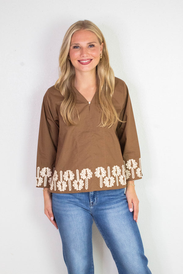 Katie 3D Floral Trim Accent Top, Mocha