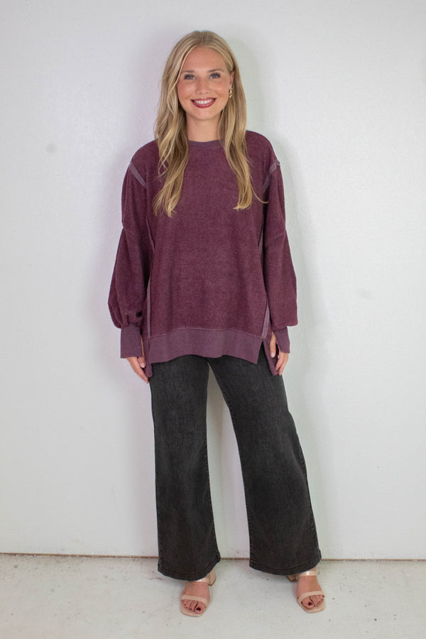 Millie Oversized Crewneck Sweatshirt, Dark Cherry