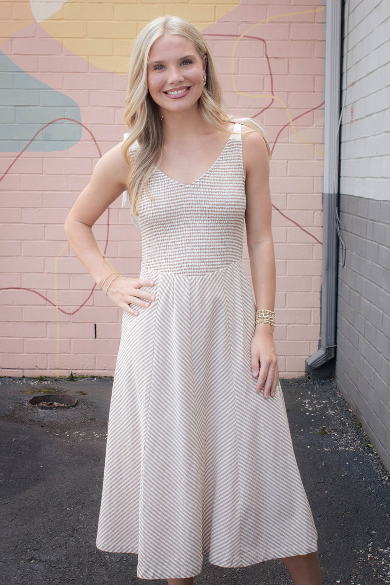 Eve Smocked Bodice Striped Dress, Taupe
