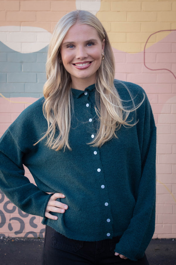 Odessa Cardigan Sweater, Hunter Green