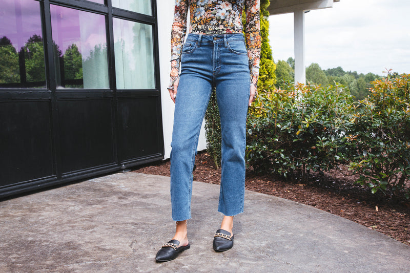 Samara Hem Detail Straight Leg Jeans, Dark Denim