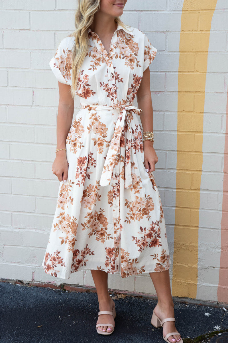Romina Floral Button Down Dress, Ivory Brown