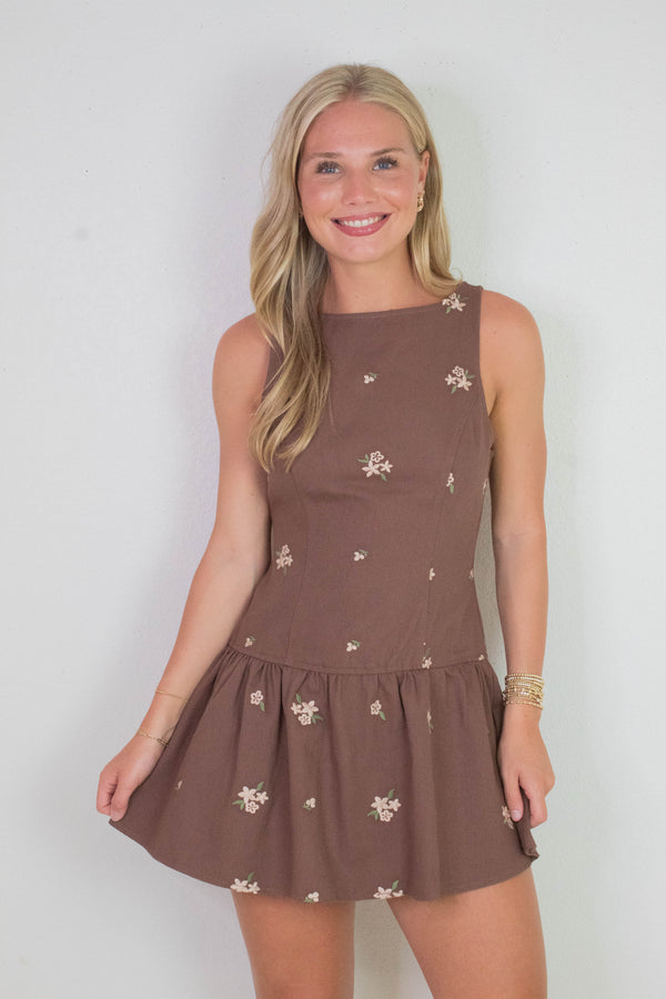 Hadley Floral Embroidered Shift Dress, Brown-Beige Floral