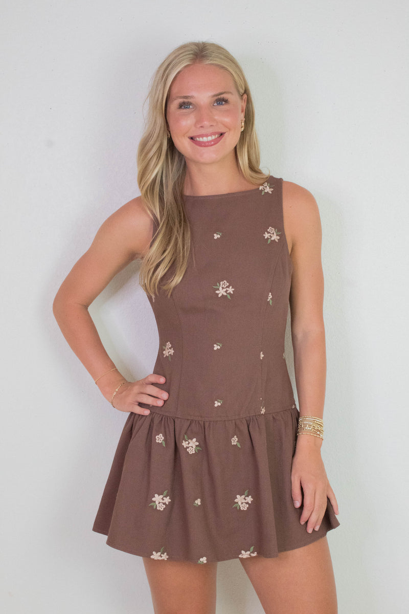 Hadley Floral Embroidered Shift Dress, Brown-Beige Floral