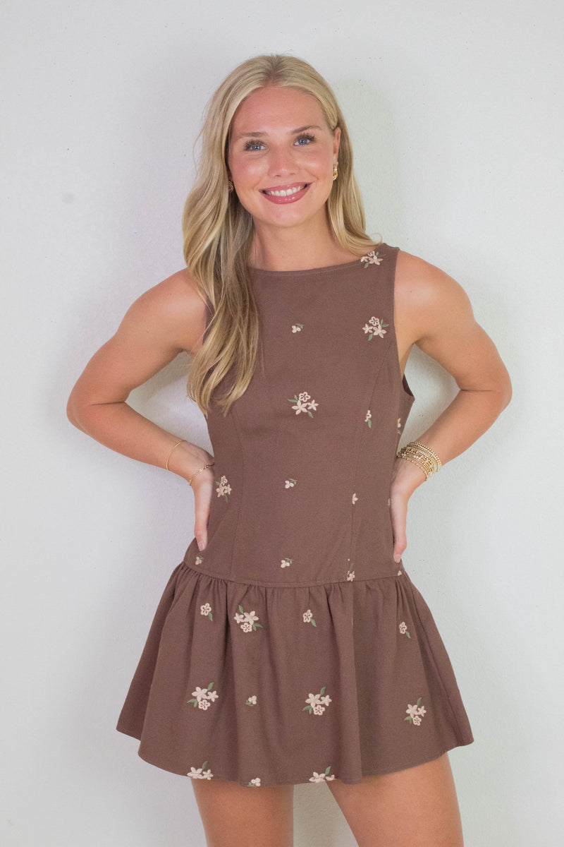 Hadley Floral Embroidered Shift Dress, Brown-Beige Floral