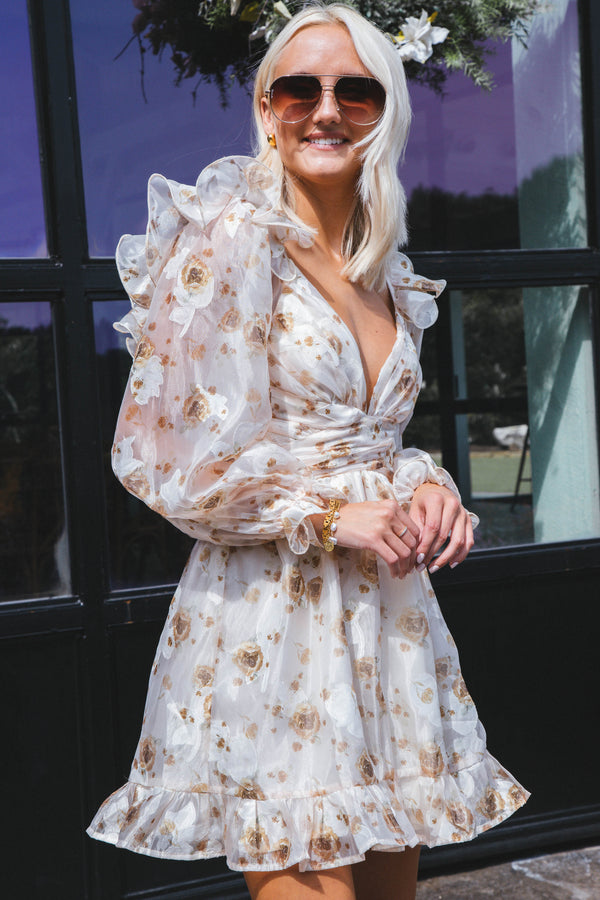 One Last Time Mini Dress, Cream/Brown Floral