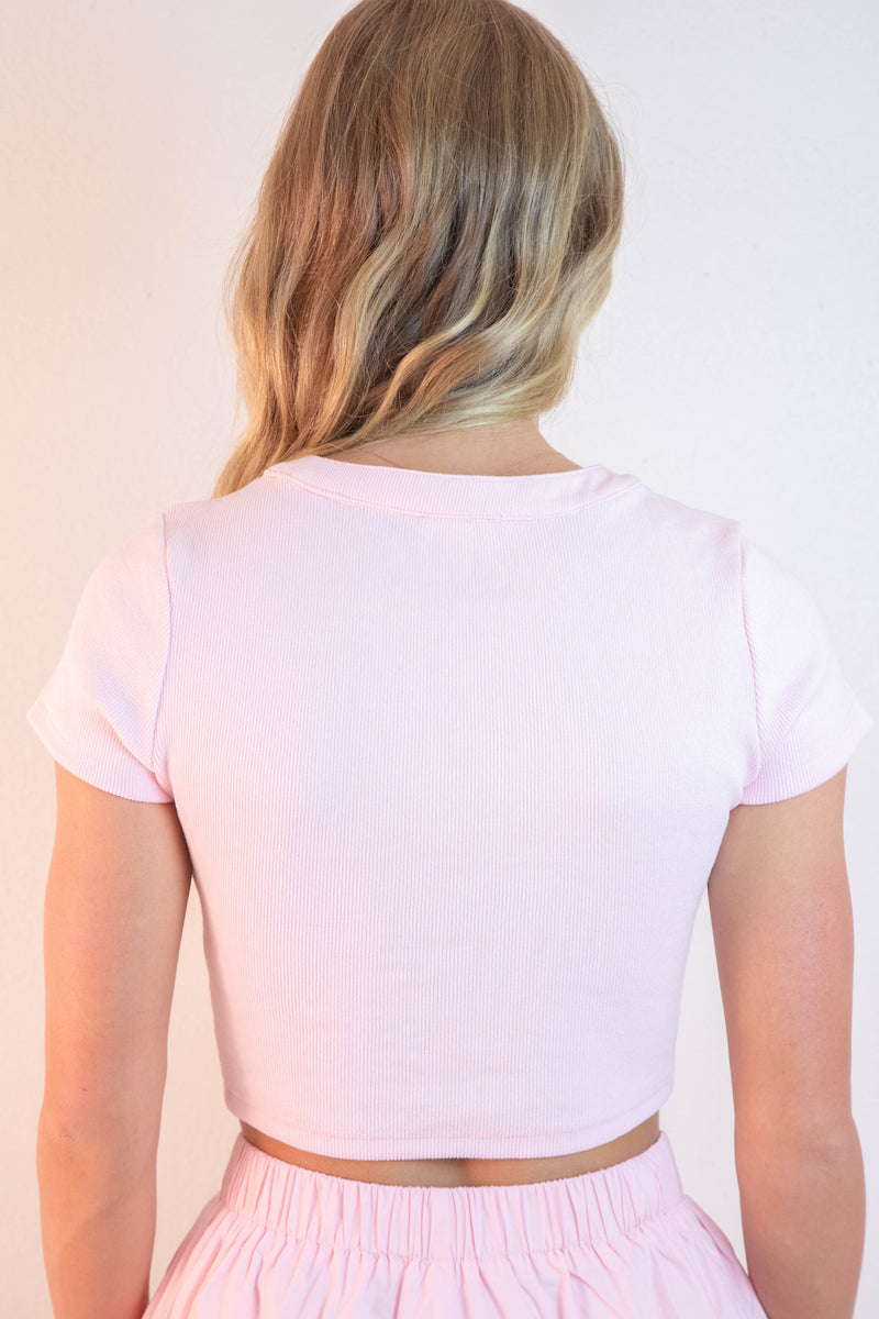 Ari Contrast Button Down Crop Top, Light Pink