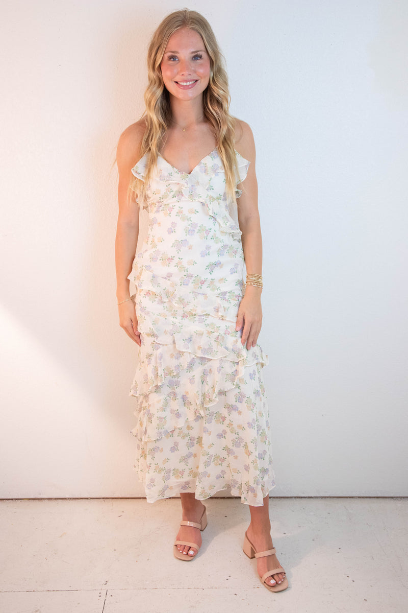 Carter Floral Ruffled Maxi Dress, Cream Multi