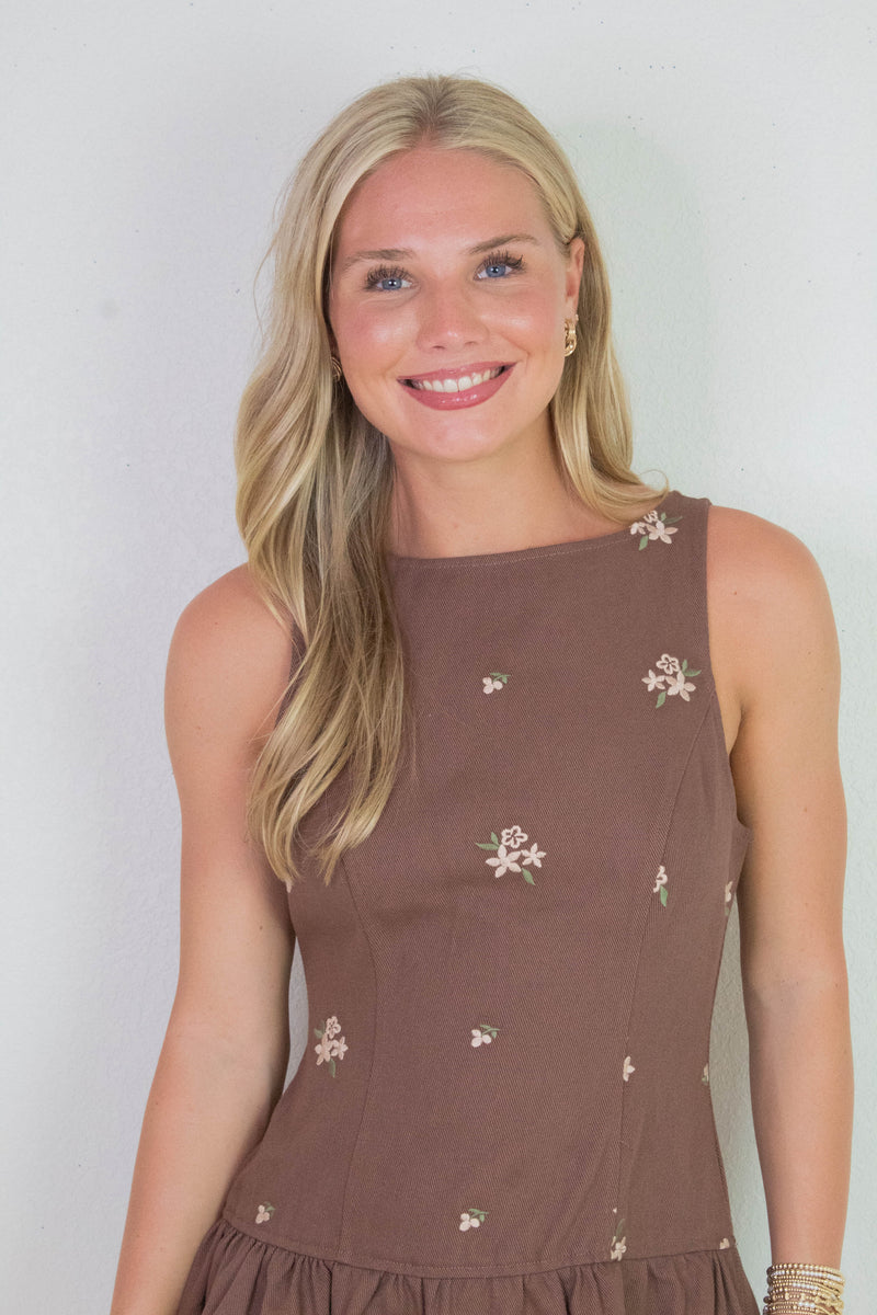 Hadley Floral Embroidered Shift Dress, Brown-Beige Floral