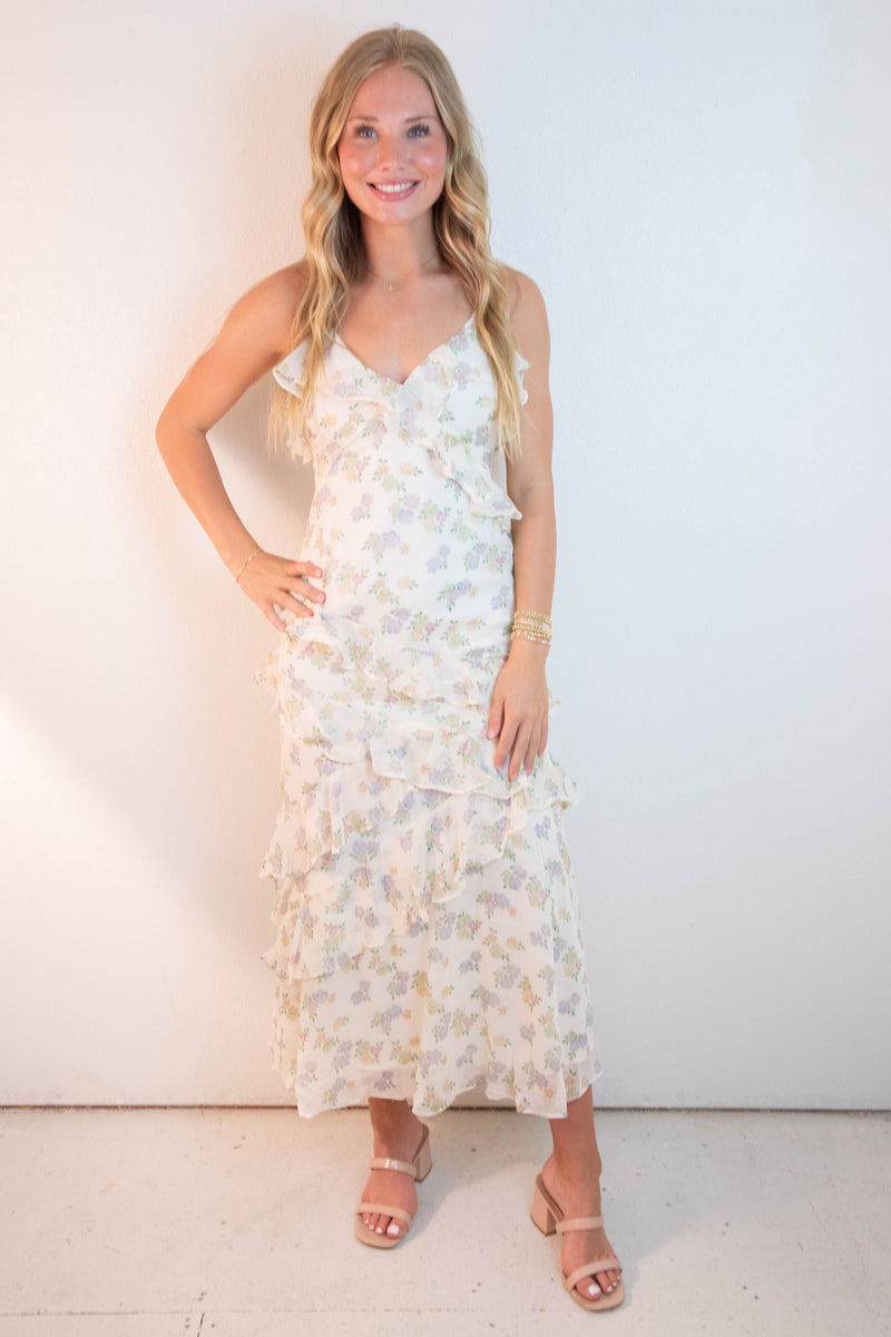 Carter Floral Ruffled Maxi Dress, Cream Multi