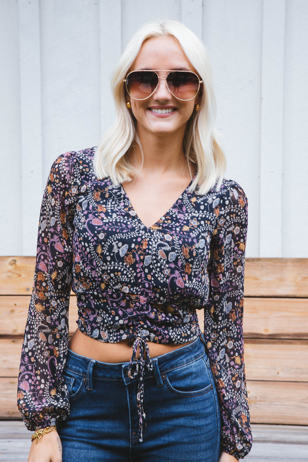Cece Cropped Blouse, Navy Multi | Sadie & Sage