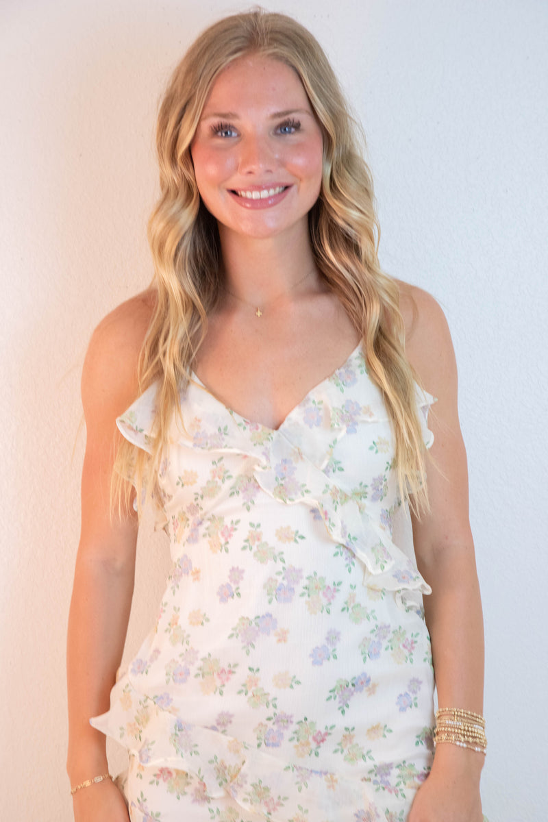 Carter Floral Ruffled Maxi Dress, Cream Multi