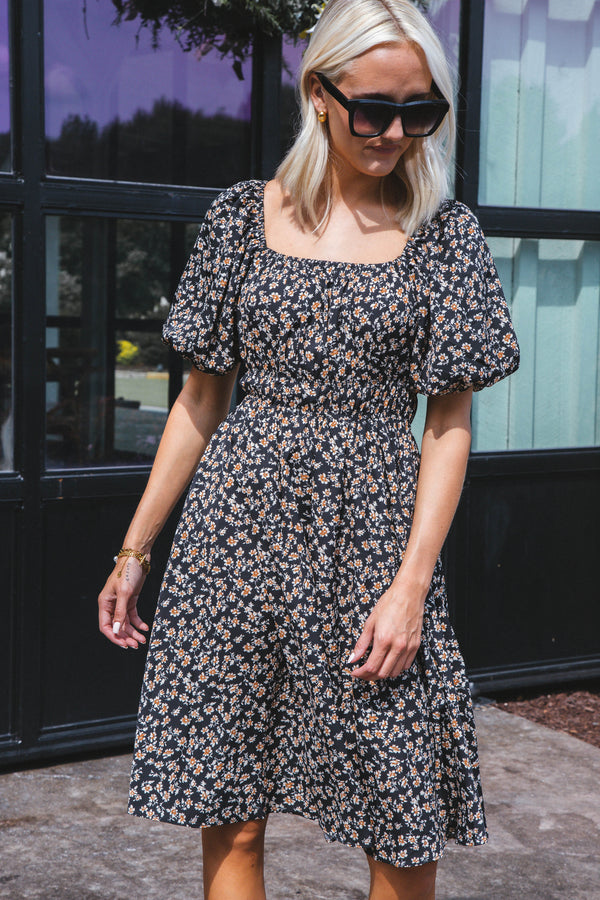 Jordan Bubble Sleeve Dress, Black Multi