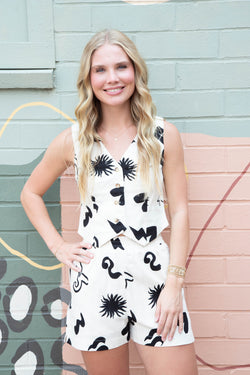 Erin Doodle Print Linen Shorts, Cream