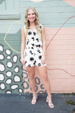 Erin Doodle Print Linen Shorts, Cream