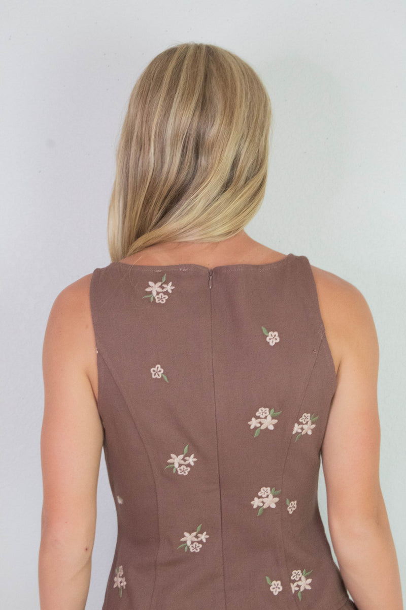 Hadley Floral Embroidered Shift Dress, Brown-Beige Floral