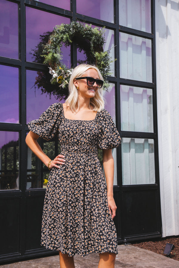 Jordan Bubble Sleeve Dress, Black Multi