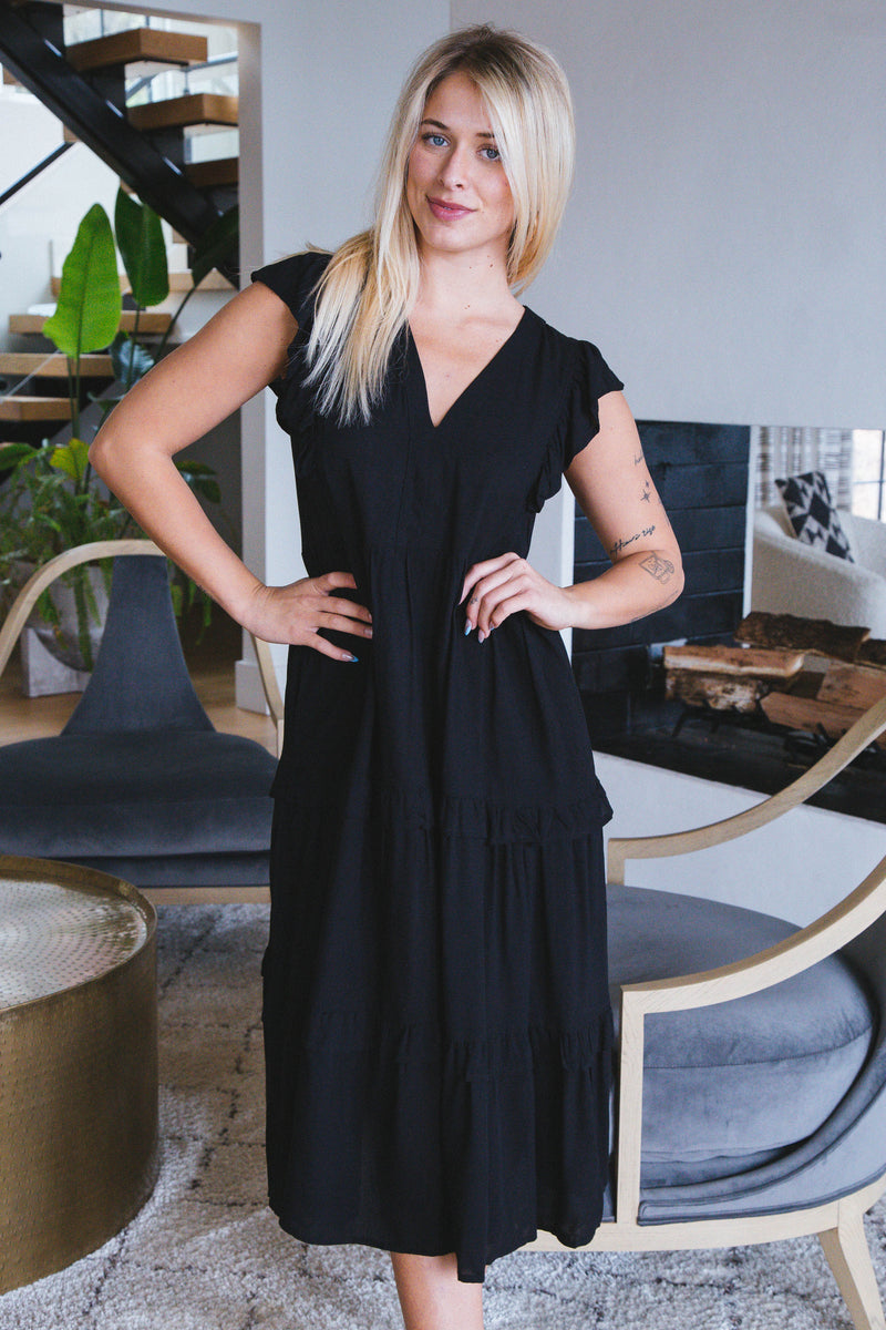 Penelope Ruffle Sleeve Midi Dress, Black