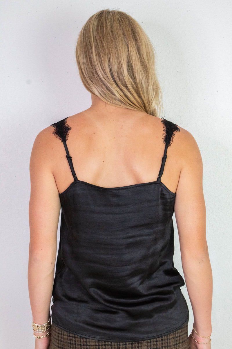 Georgina Lace Trim Satin Cami, Black
