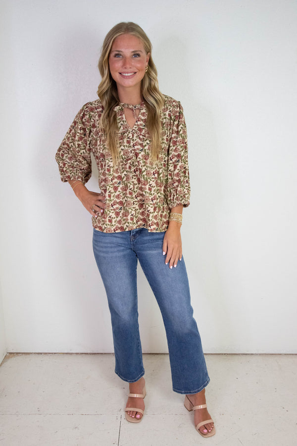 Kaelynn Corduroy Vintage Floral Blouse, Cream/Red
